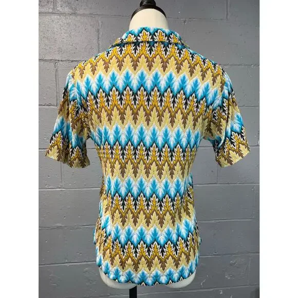 Vintage 60s Psychedelic Chevron Novelty Knit Short Sleeve Shirt Lace Up Med - Picture 7 of 10